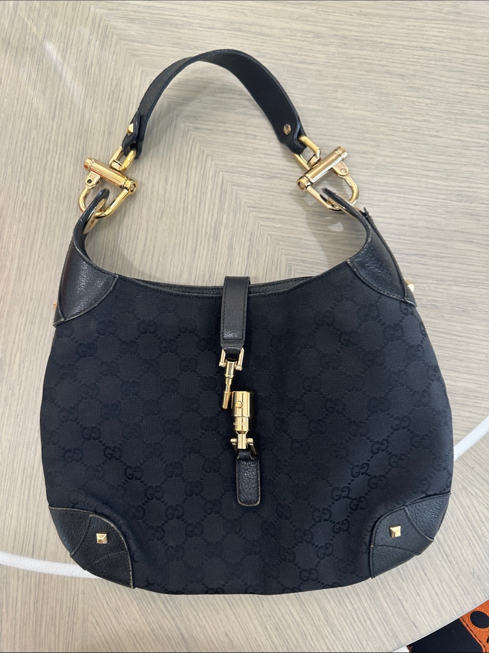 Gucci Black GG Canvas Shoulder Bag with Gold Hardware